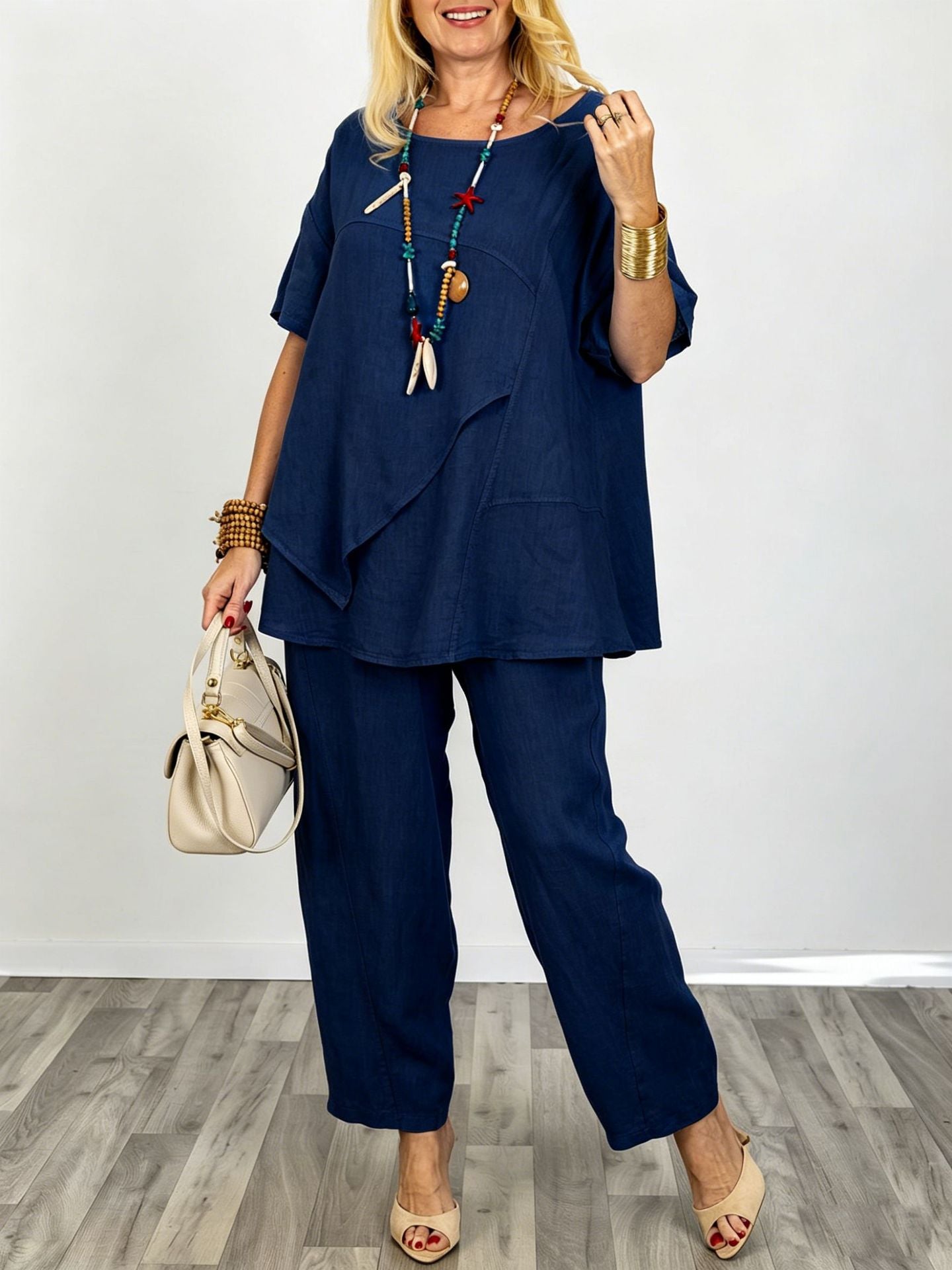 Casual Linen And Cotton Two-piece Top And Pants Set