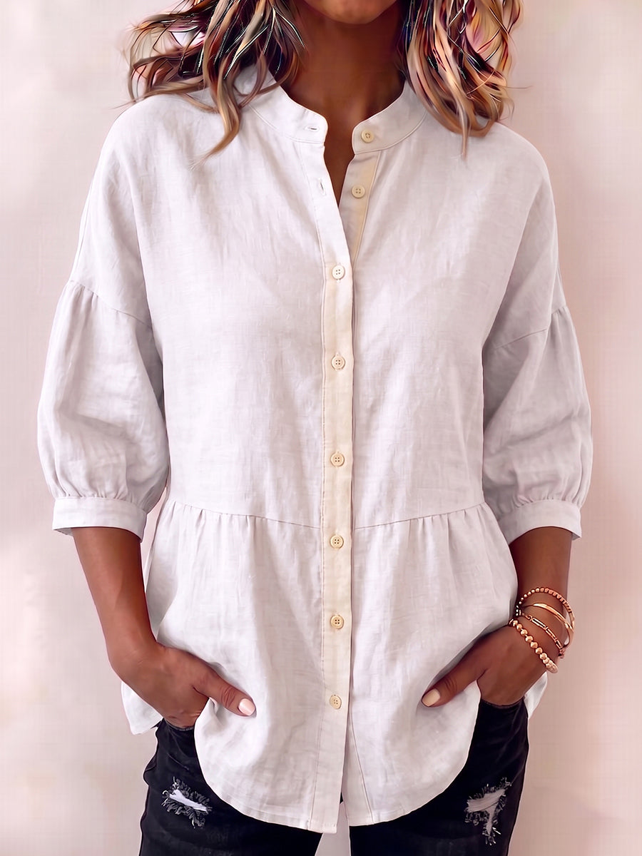 Casual Loose-fit Cotton-linen Blouse With Lantern Sleeves