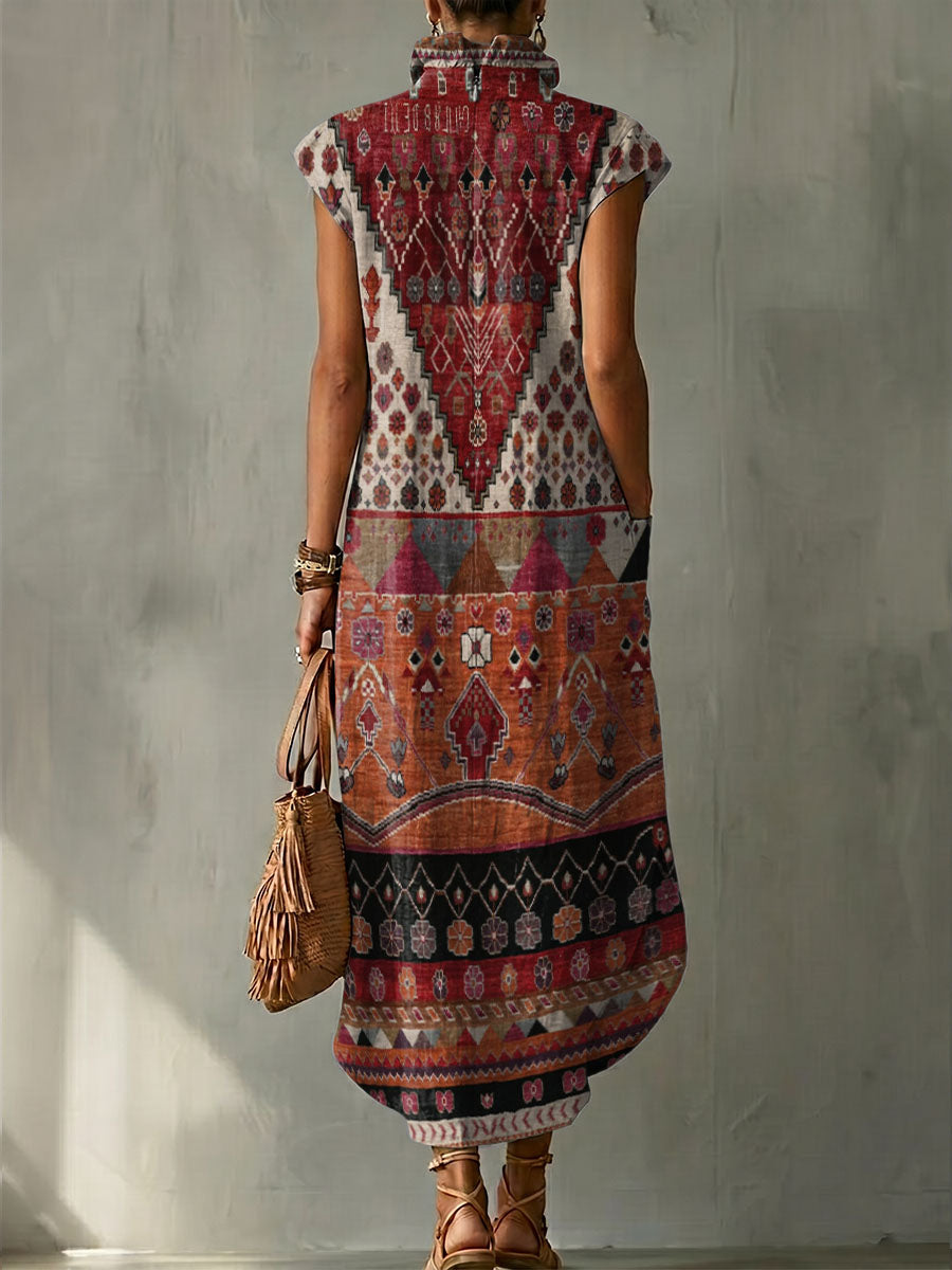 Exotic Vintage Graphics Decorative Patterns Women's No Sleeve Linen Cotton Dress