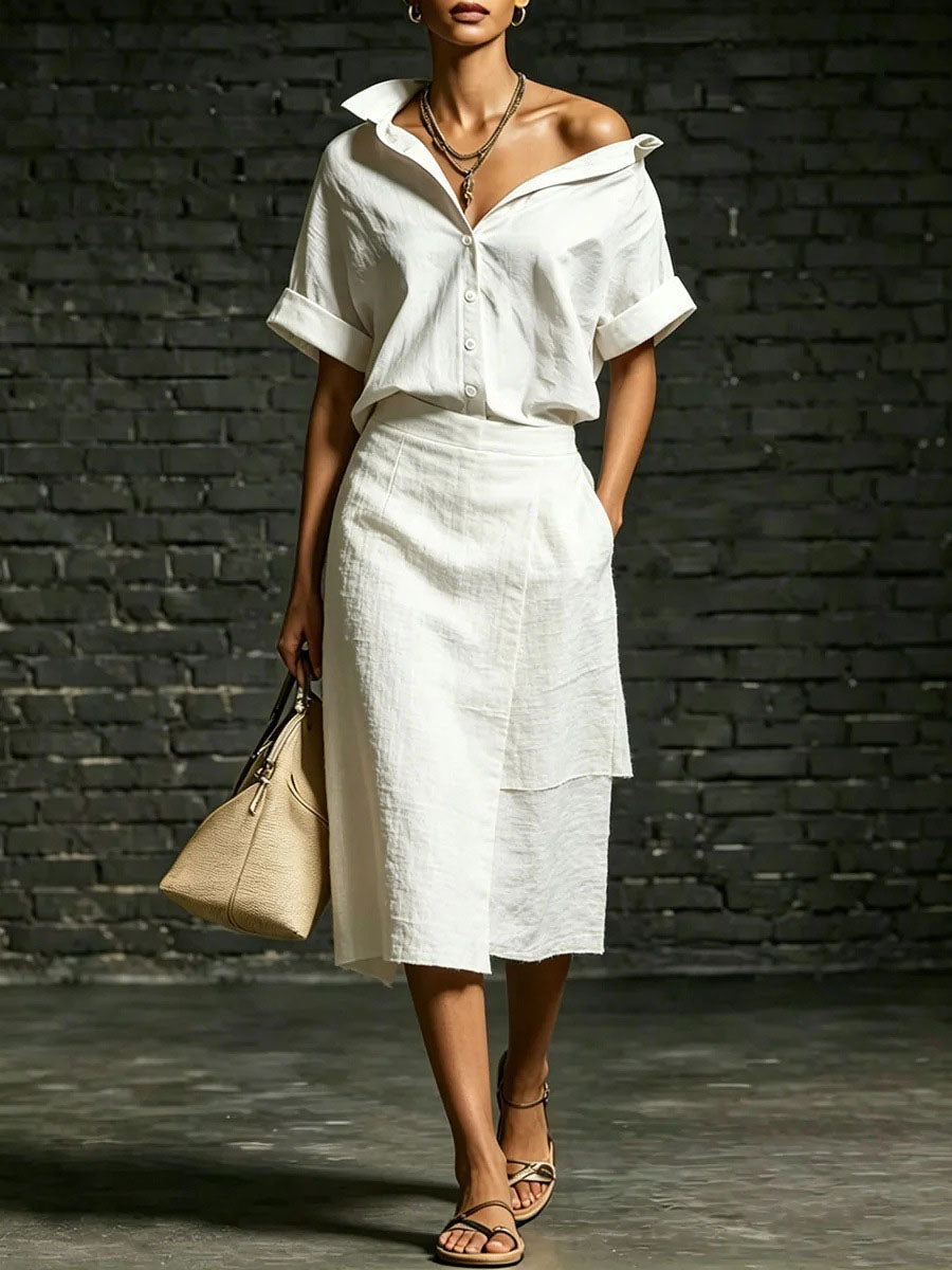 Women's Short-sleeve Collared Top And Skirt Two-piece Set