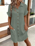 Women's Casual Solid Color Button Down Short Sleeve Dress