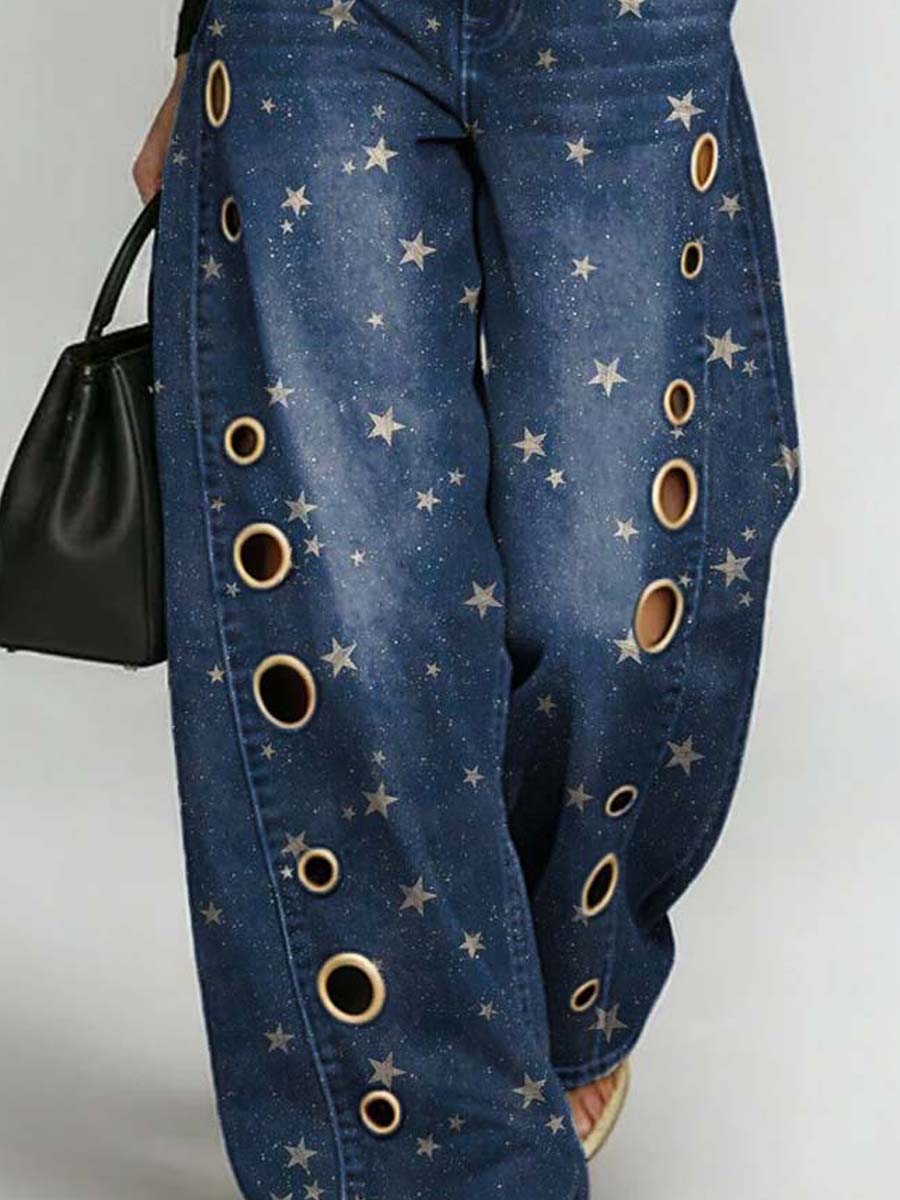 Women's Retro Stars Art Print Casual Stylish Hollow Denim Pants