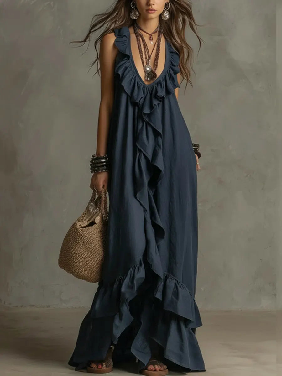 Women's Casual Bohemian V-neck Short Sleeve Ruffle Vintage Dress