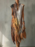 Gradient Decorative Pattern Women's No Sleeve Bud Collar Linen Cotton Dress