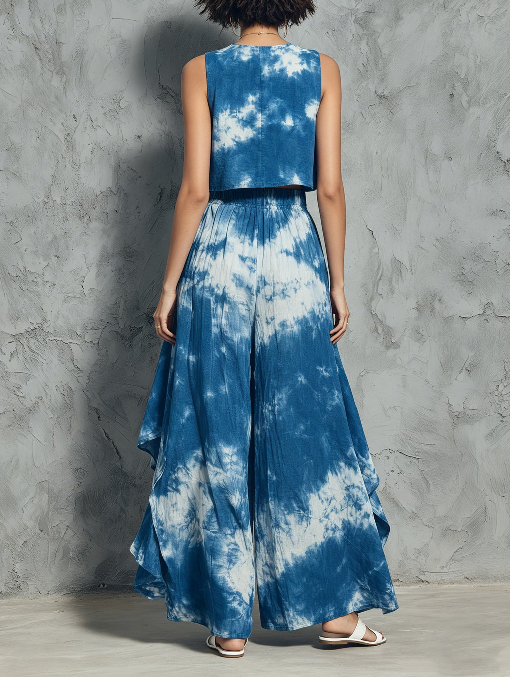 Blue Tie-dye Sleeveless Crop Top + Asymmetric Wide-leg Pants Set
