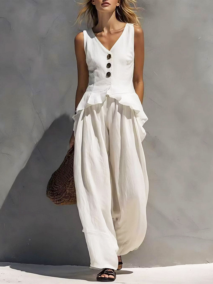 Women's Art Ruffle Stylish Casual Top And Pants Cotton Linen Two-piece Set