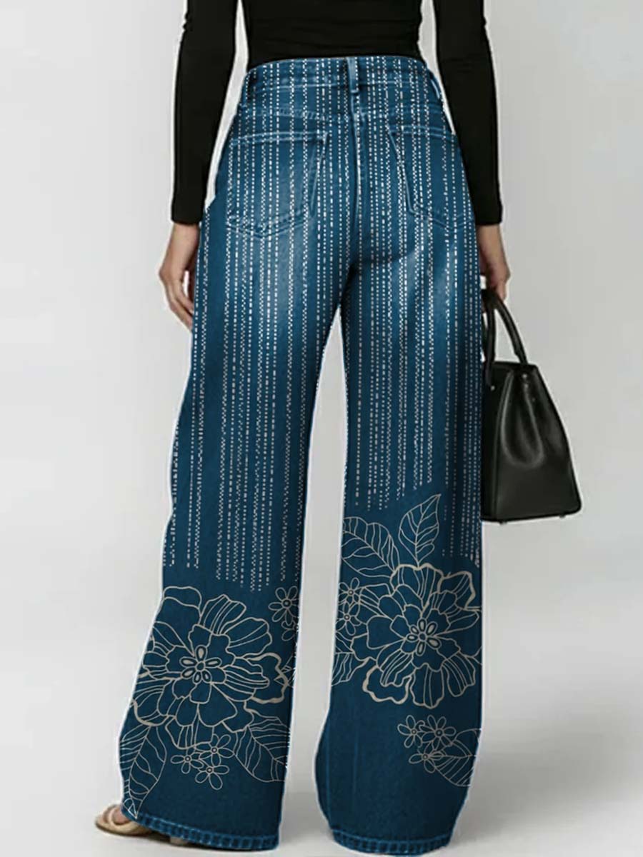 Women's Retro Floral Art Print Casual Stylish Hollow Denim Pants