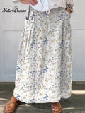 Women's Vintage Floral Art Linen Elastic waistband Pocket Skirt