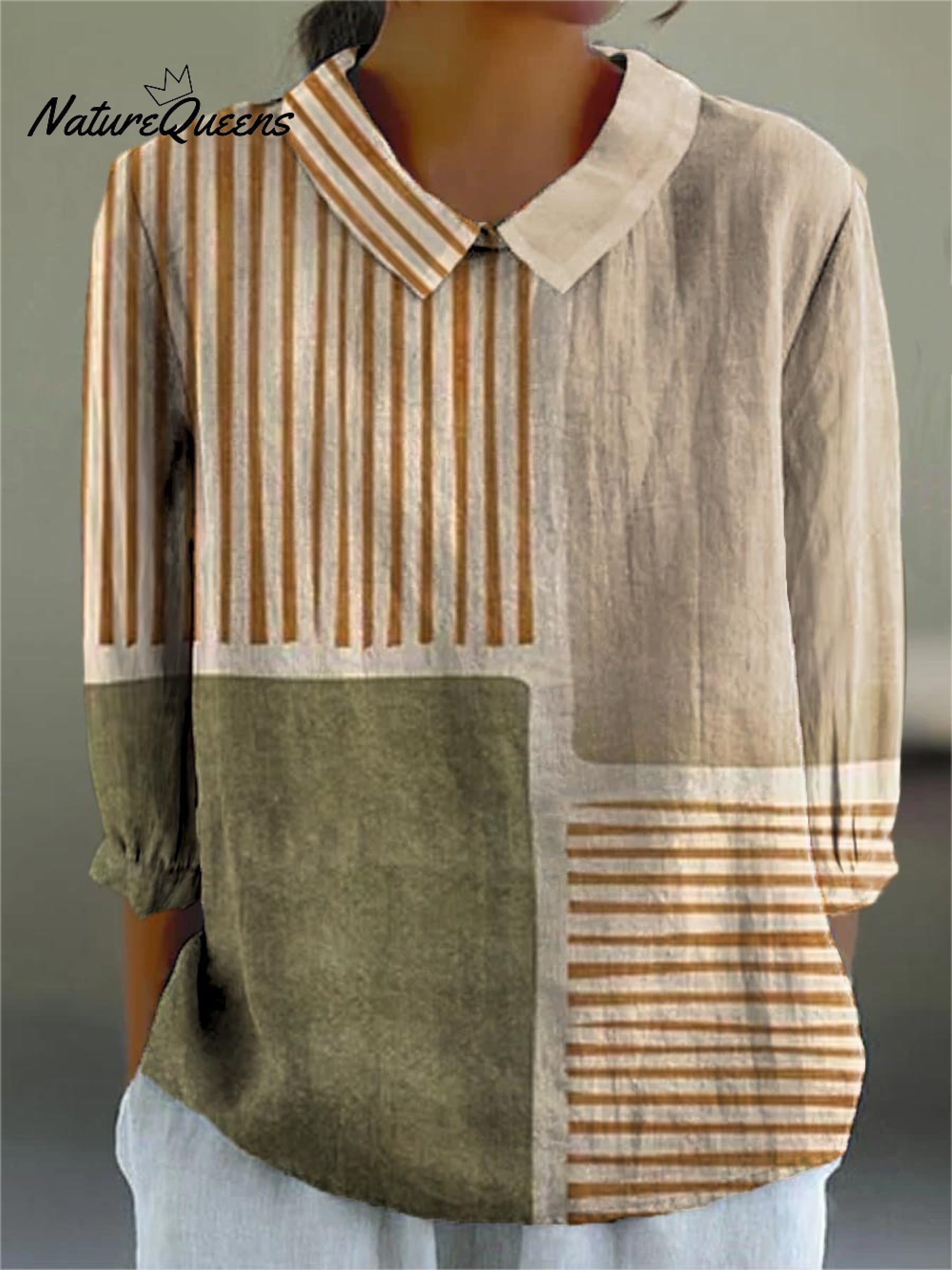Women's Vintage Geometric Line Pattern Art Print Casual Cotton And Linen 3/4 Sleeve Shirt