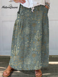Woodland Vegetation Pattern Printed Women's Linen Elastic waistband Pocket Skirt