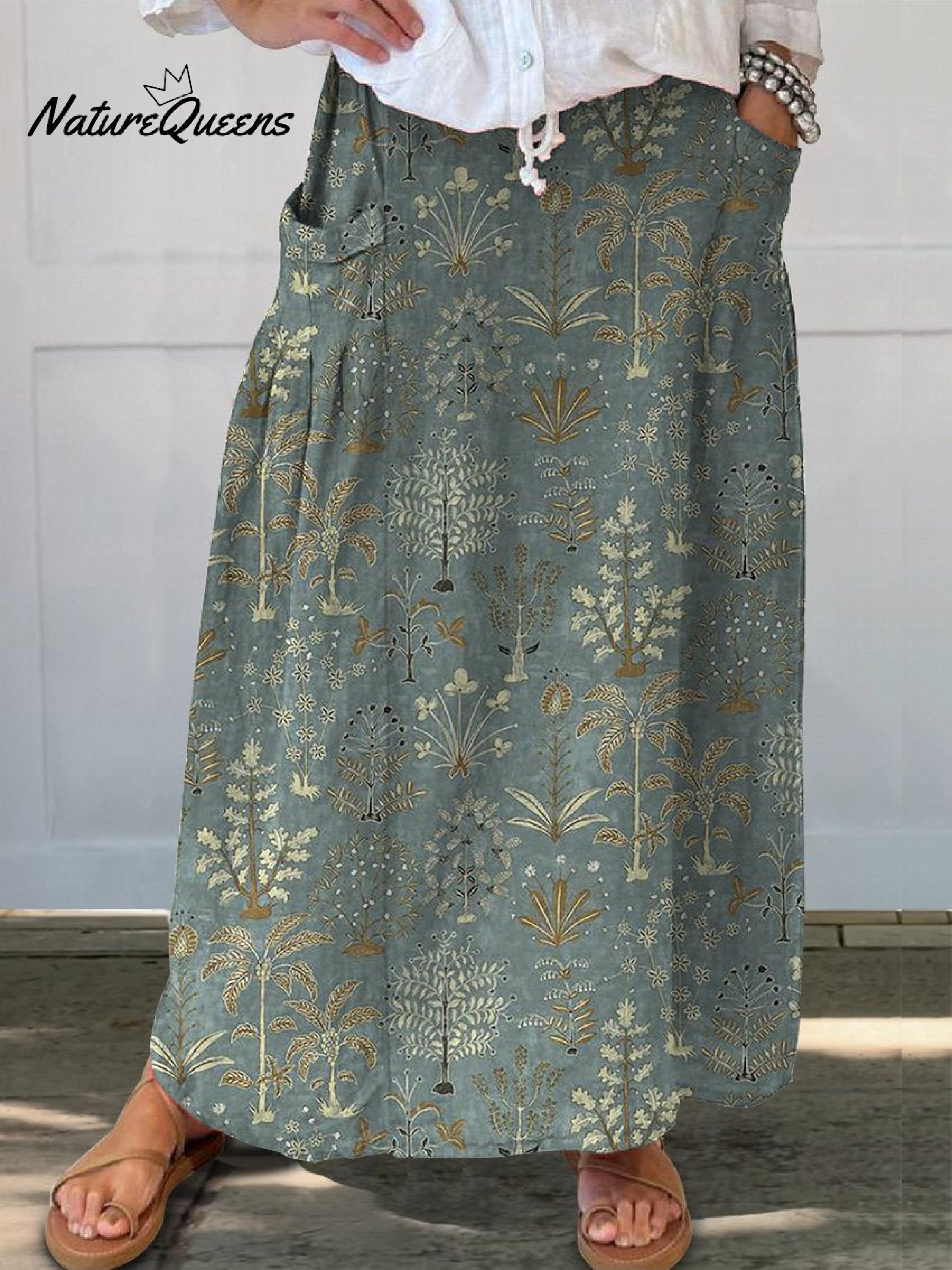 Woodland Vegetation Pattern Printed Women's Linen Elastic waistband Pocket Skirt
