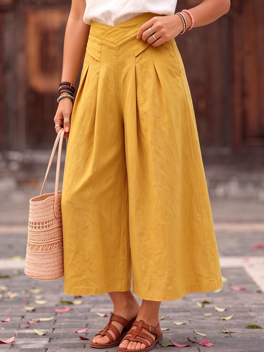 Cozy Cotton-linen Wide-leg Cropped Culottes