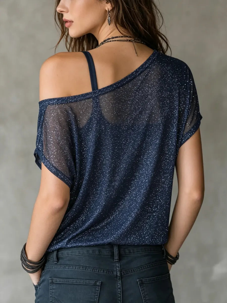 Women's One-shoulder Shiny T-shirt