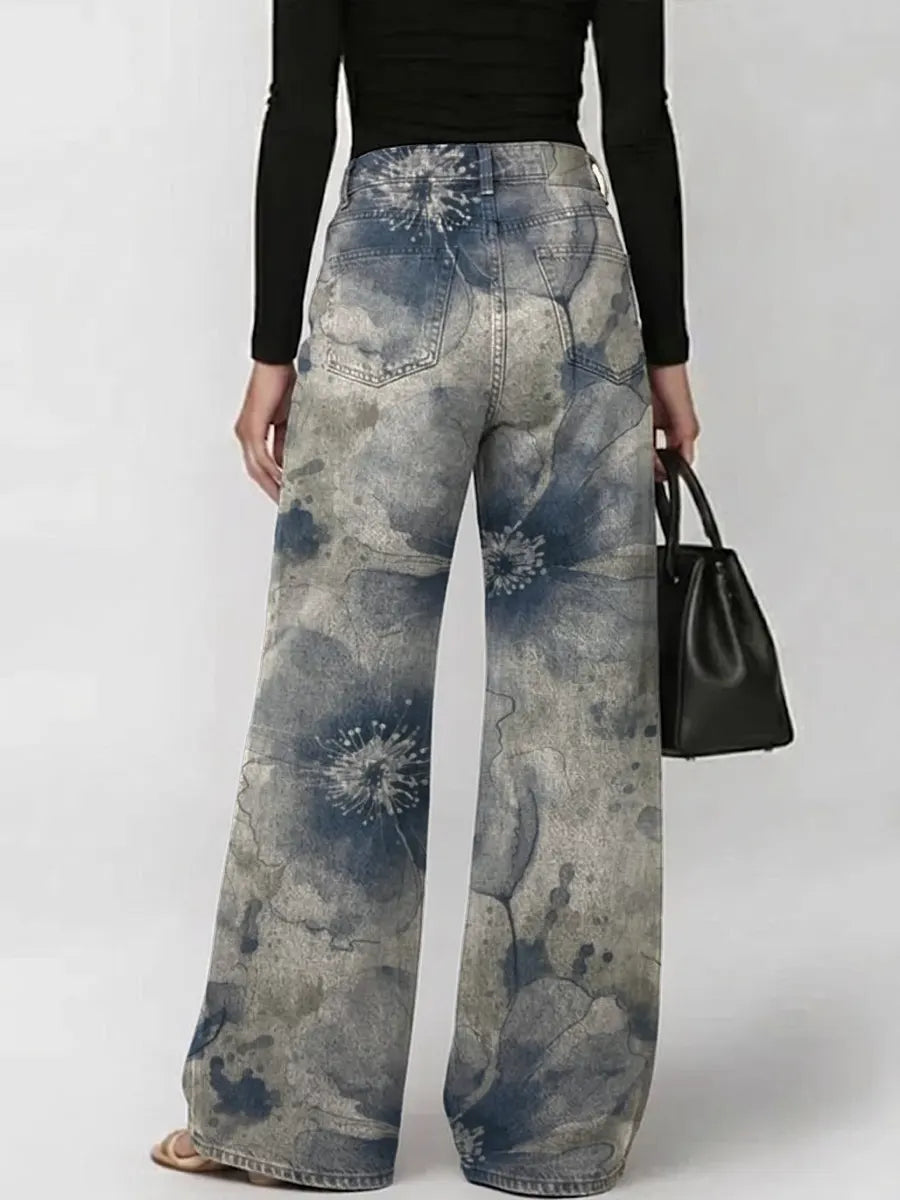 Women's Vintage Ink Wash Art Flowers Print Casual Fashion Cutout Jeans