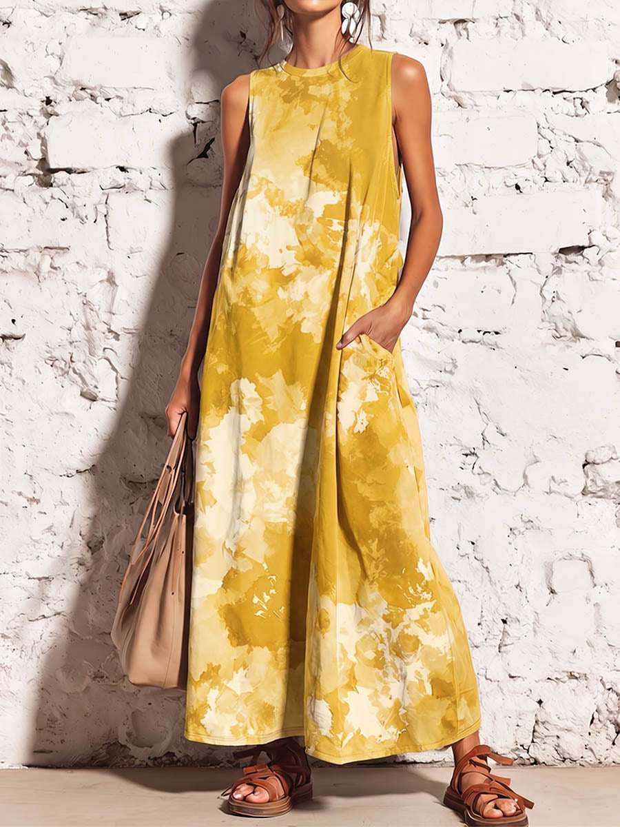 Women's Abstract Print Round-neck Sleeveless Loose-fit Cotton-linen Casual Dress