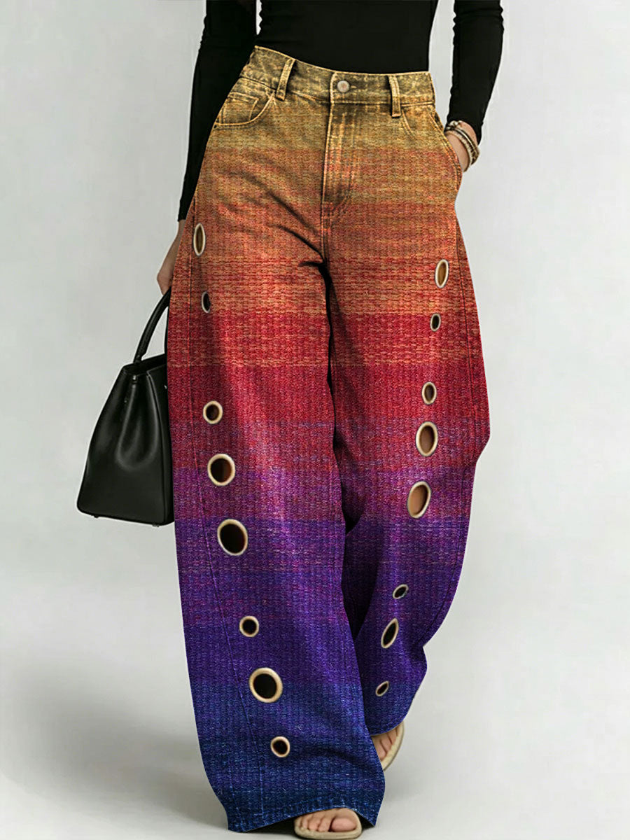 Women's Retro Gradient Pattern Printed Stylish Cutout Casual Denim Jeans