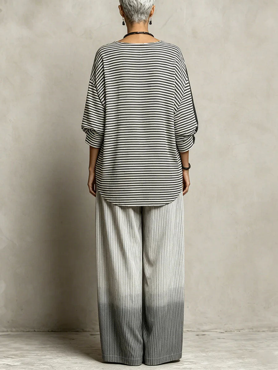 Women's Striped Print V-neck Long-sleeve Casual Loose Cotton-linen Top & High-waisted Wide-leg Pants Set