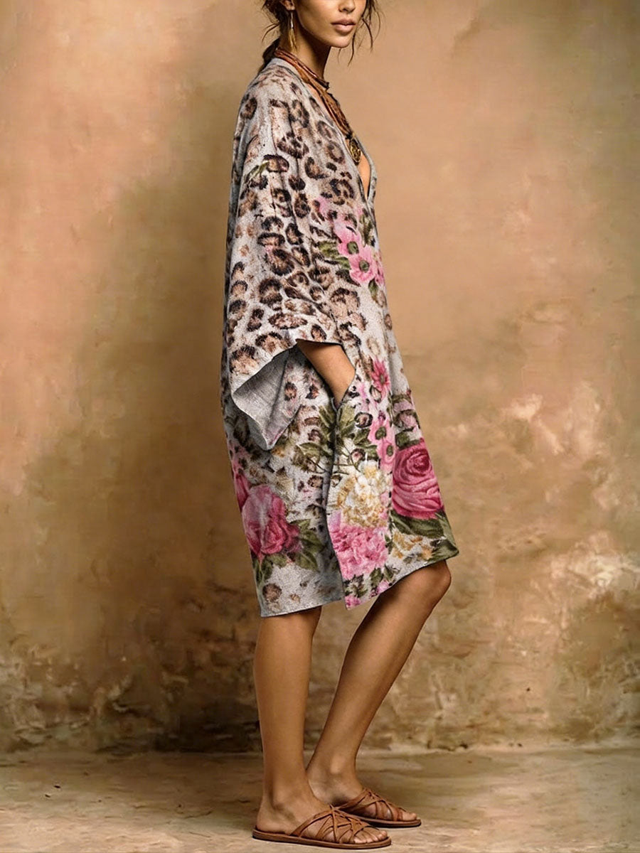 Women's Leopard Print V-neck Pocket Dress