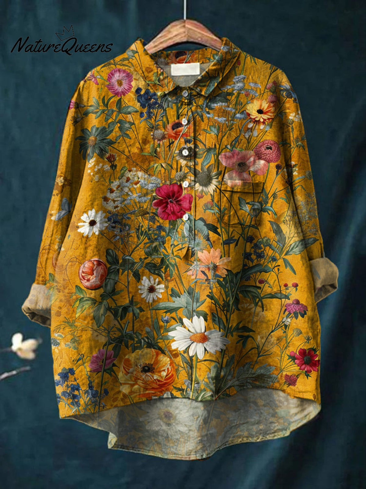 Vintage Floral Art Print Casual coton et lin col rond bouton poche Midi chemise à manches longues Top des femmes