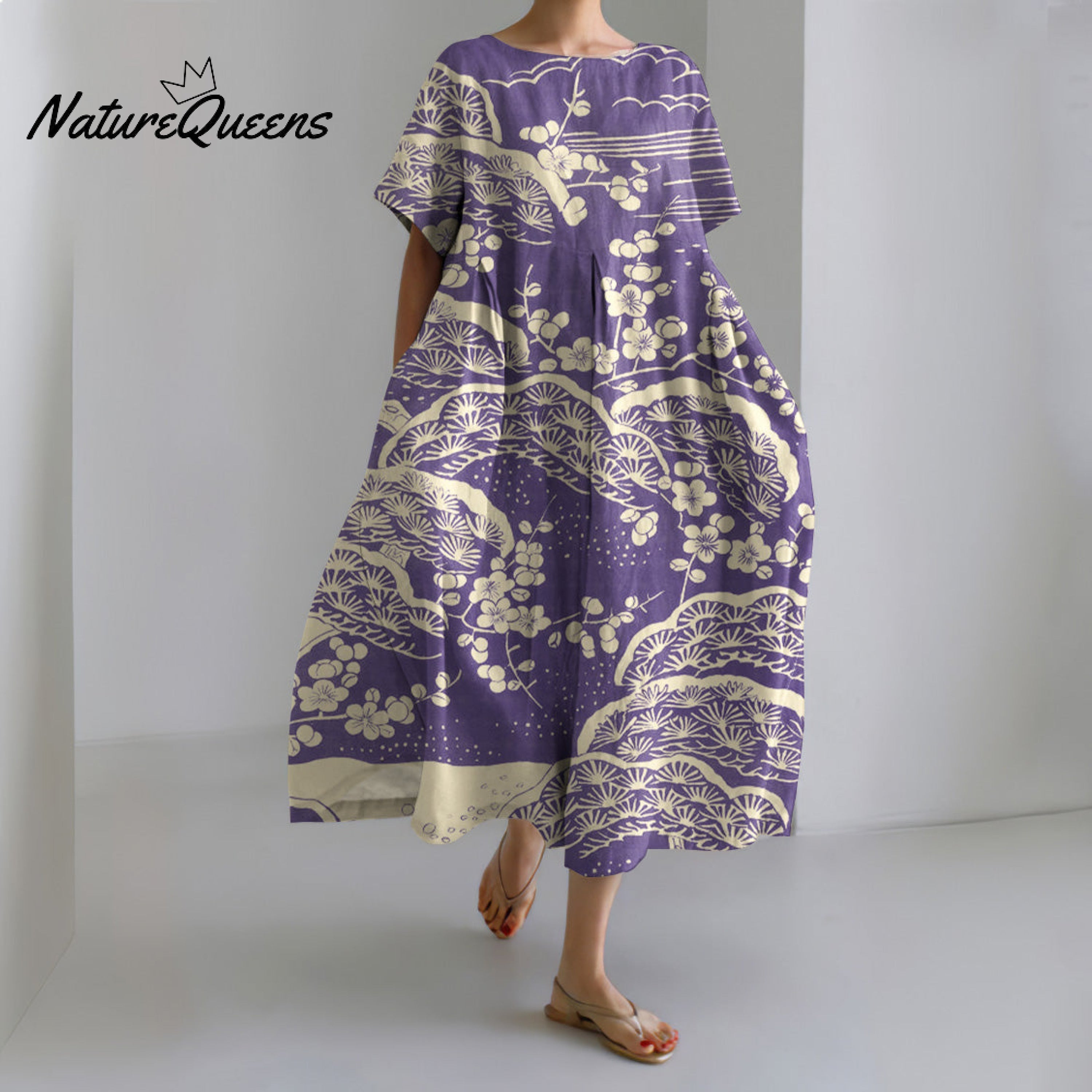 Japanese Art Plum Blossom Printed Crew Neck Casual Midi Dress