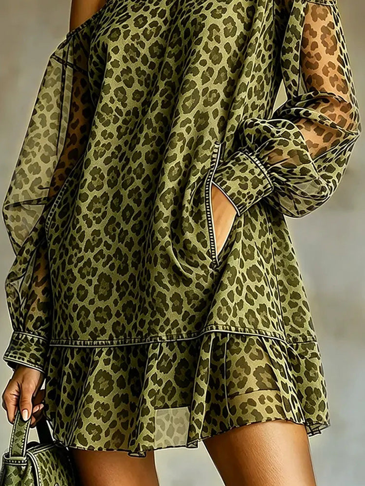 Leopard Print Off-shoulder Cropped Dress With Mesh Sleeves