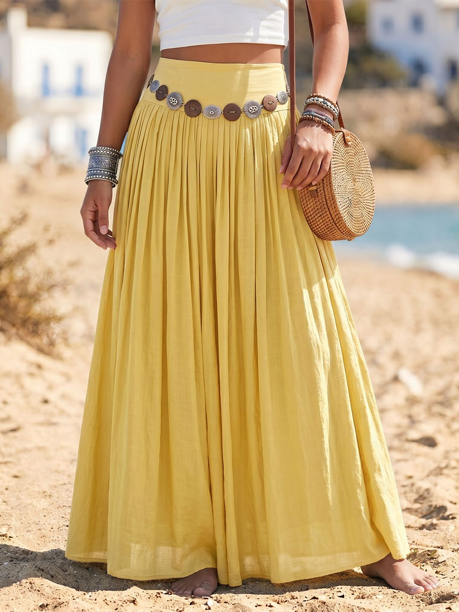 Boho Vacation-style Cotton-linen Maxi Skirt With Belt Detail