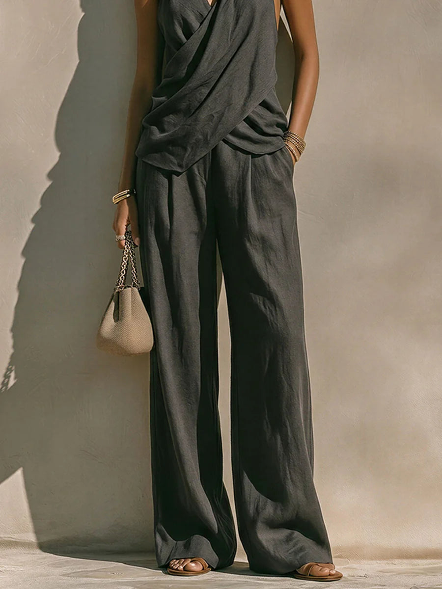 Dark Gray Textured Cotton-linen Halter Cross Draped Top & High-waist Wide-leg Pants Set