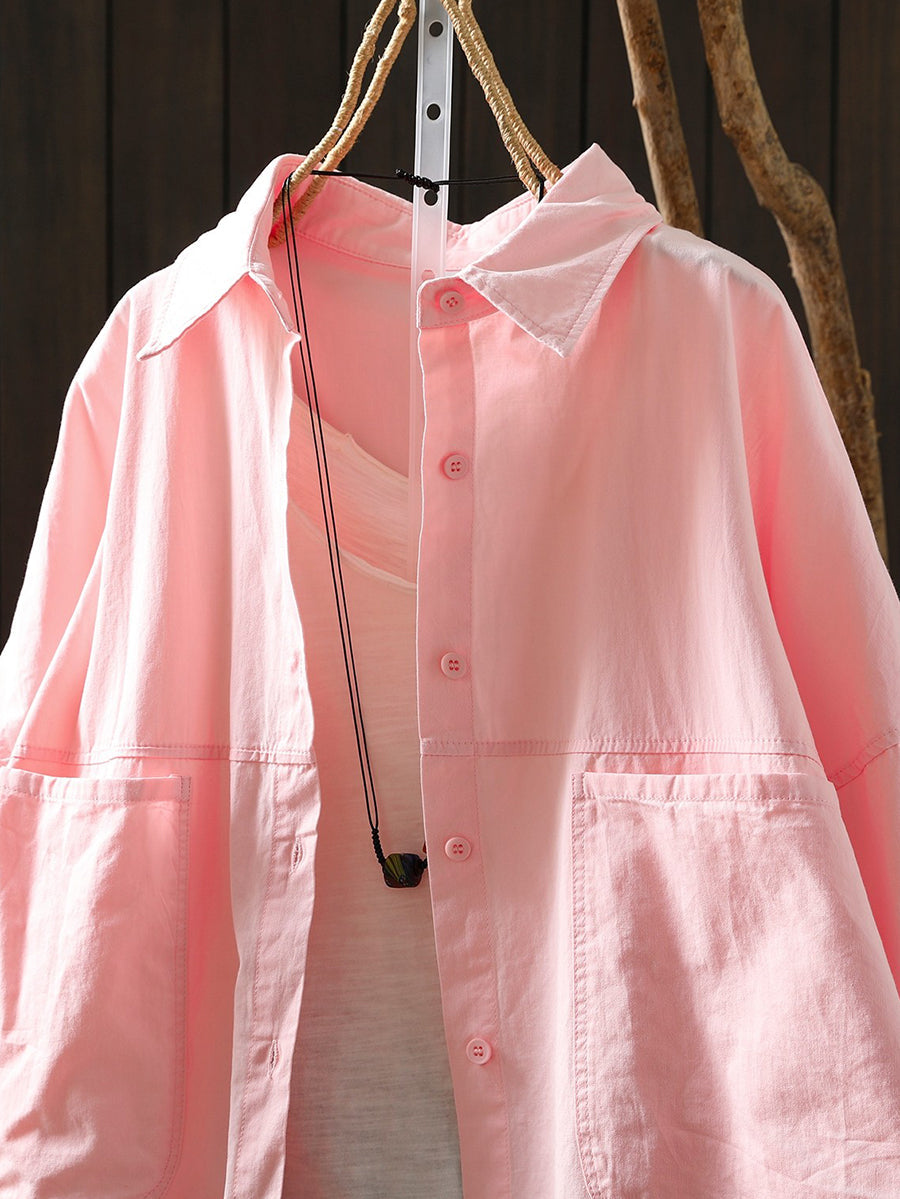Women Spring Casual Pure Color Turn-down Collar Shirt