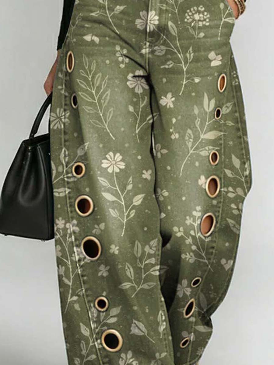 Women's Retro Floral Art Print Casual Stylish Hollow Denim Pants