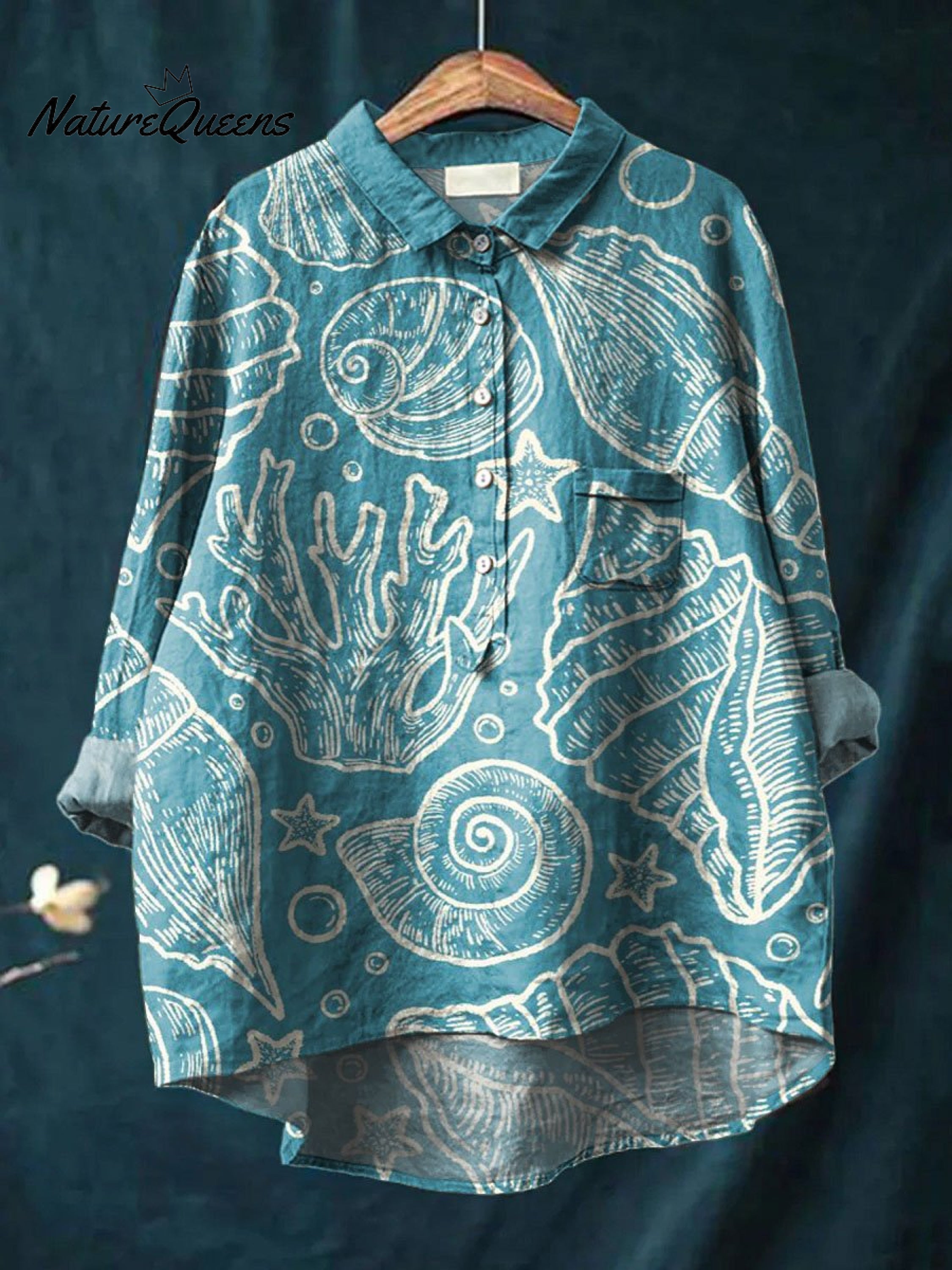 Vintage Lovely Ocean Life Art Print Casual Cotton And Linen Shirt