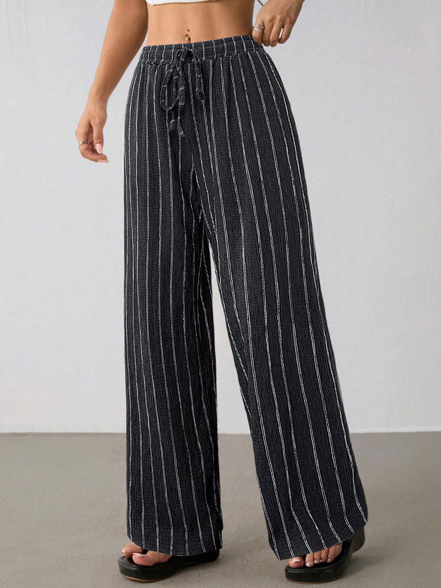 Women's Casual Striped Contrast Trim Drawstring Elastic Waist Wide-leg Pants