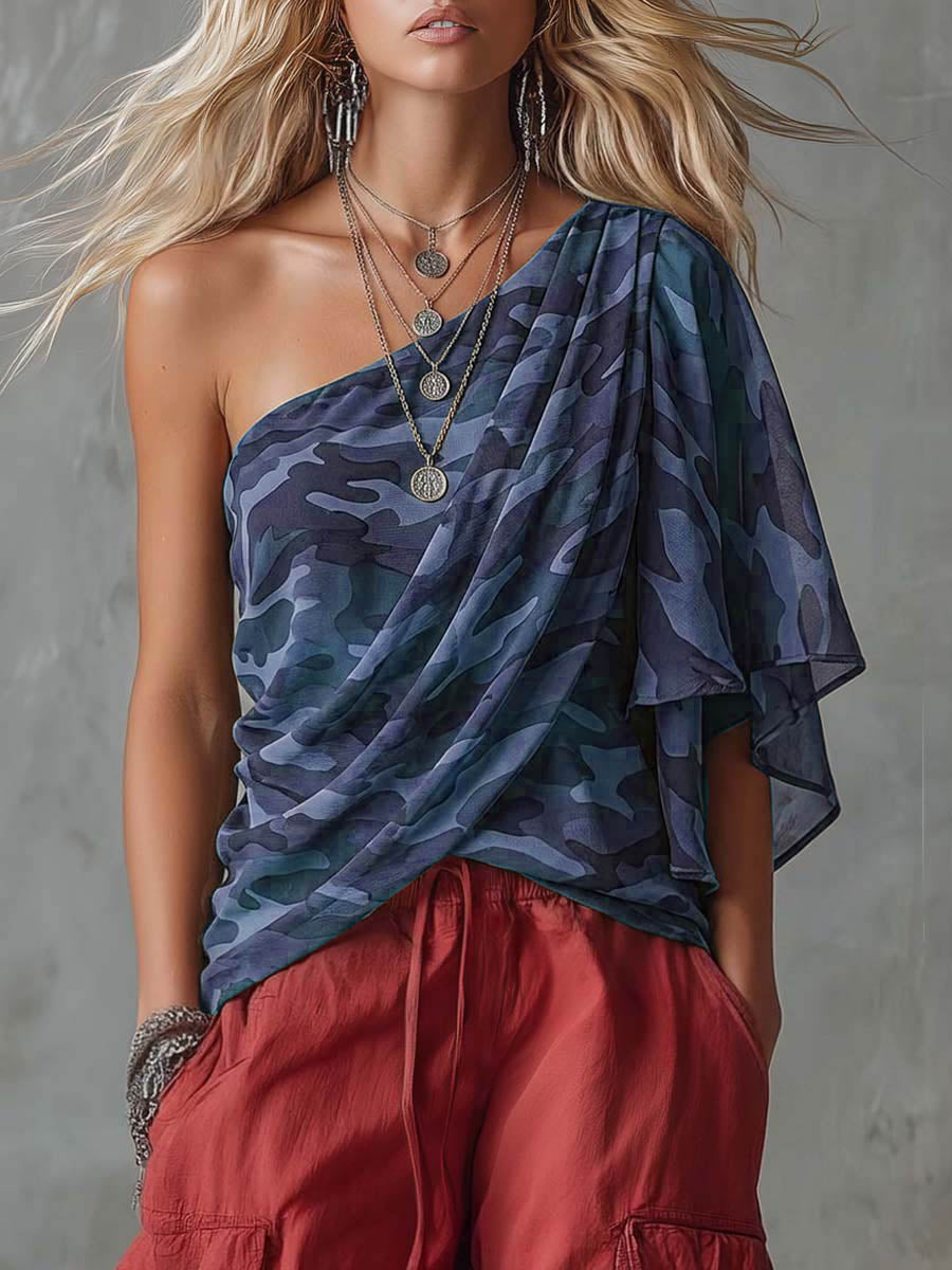 Women's Camouflage Print Off-shoulder Top With Asymmetrical Sleeve — Casual Loose Fit