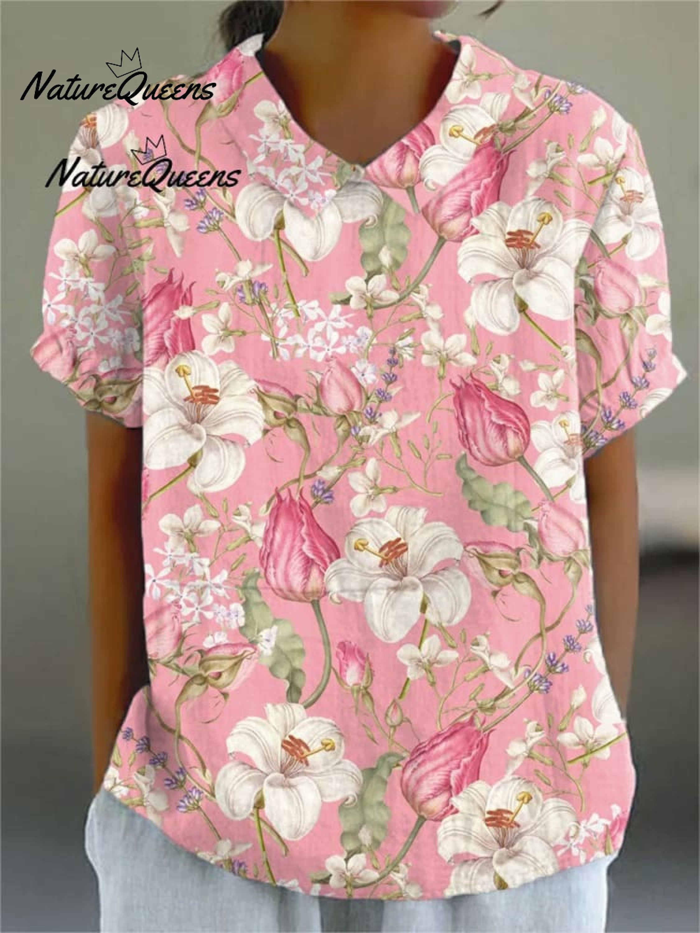 Women'sVintage Floral Art Print Casual Linen V-neck Shirt