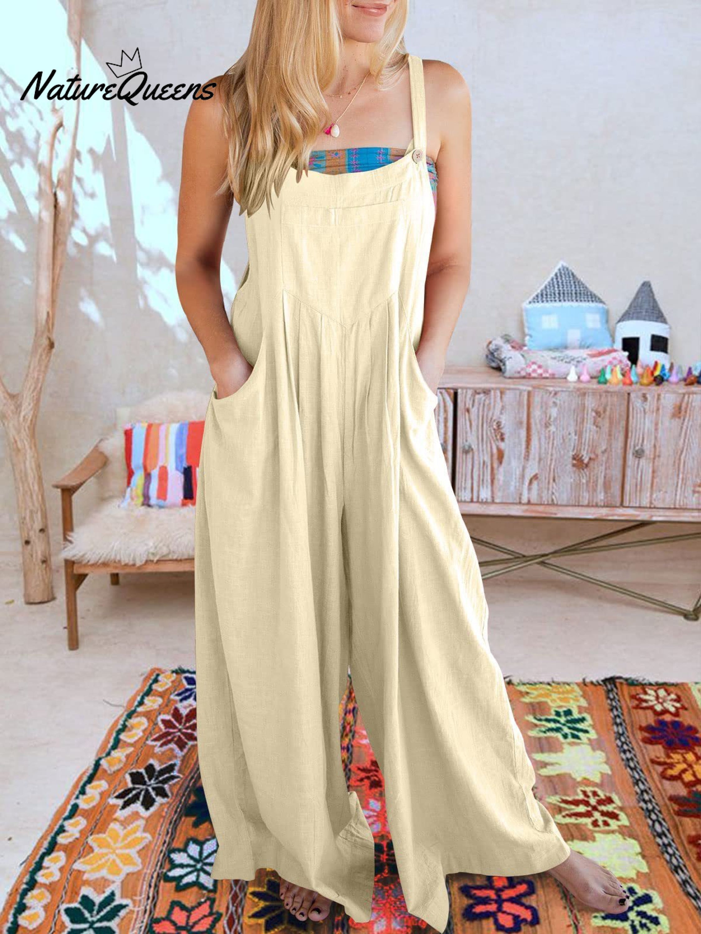 Women's Solid Color Loose Elegant Casual Cotton Linen Suspender Jumpsuit