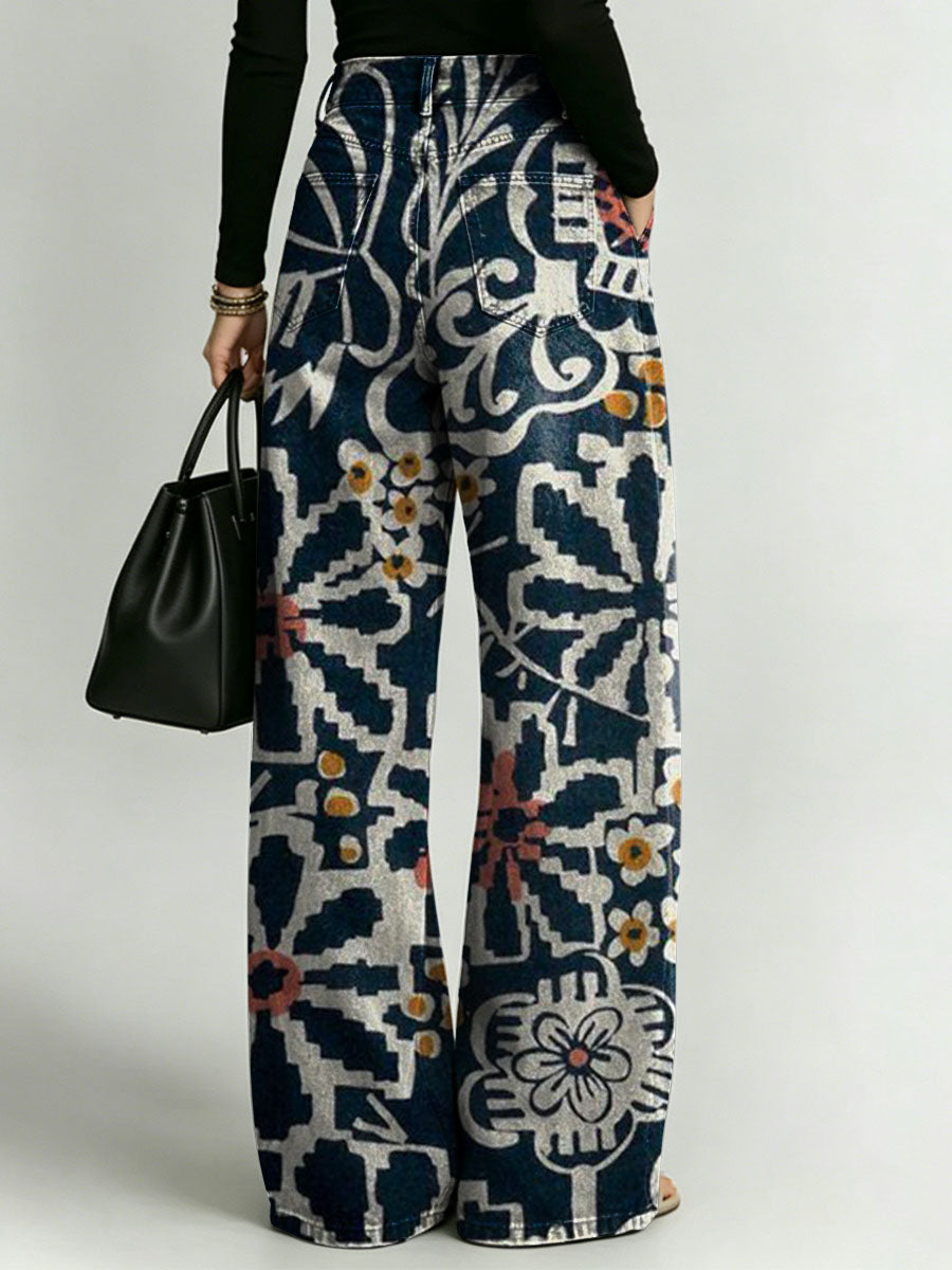 Women's Retro Geometric Floral Patterns Printed Stylish Cutout Casual Denim Jeans