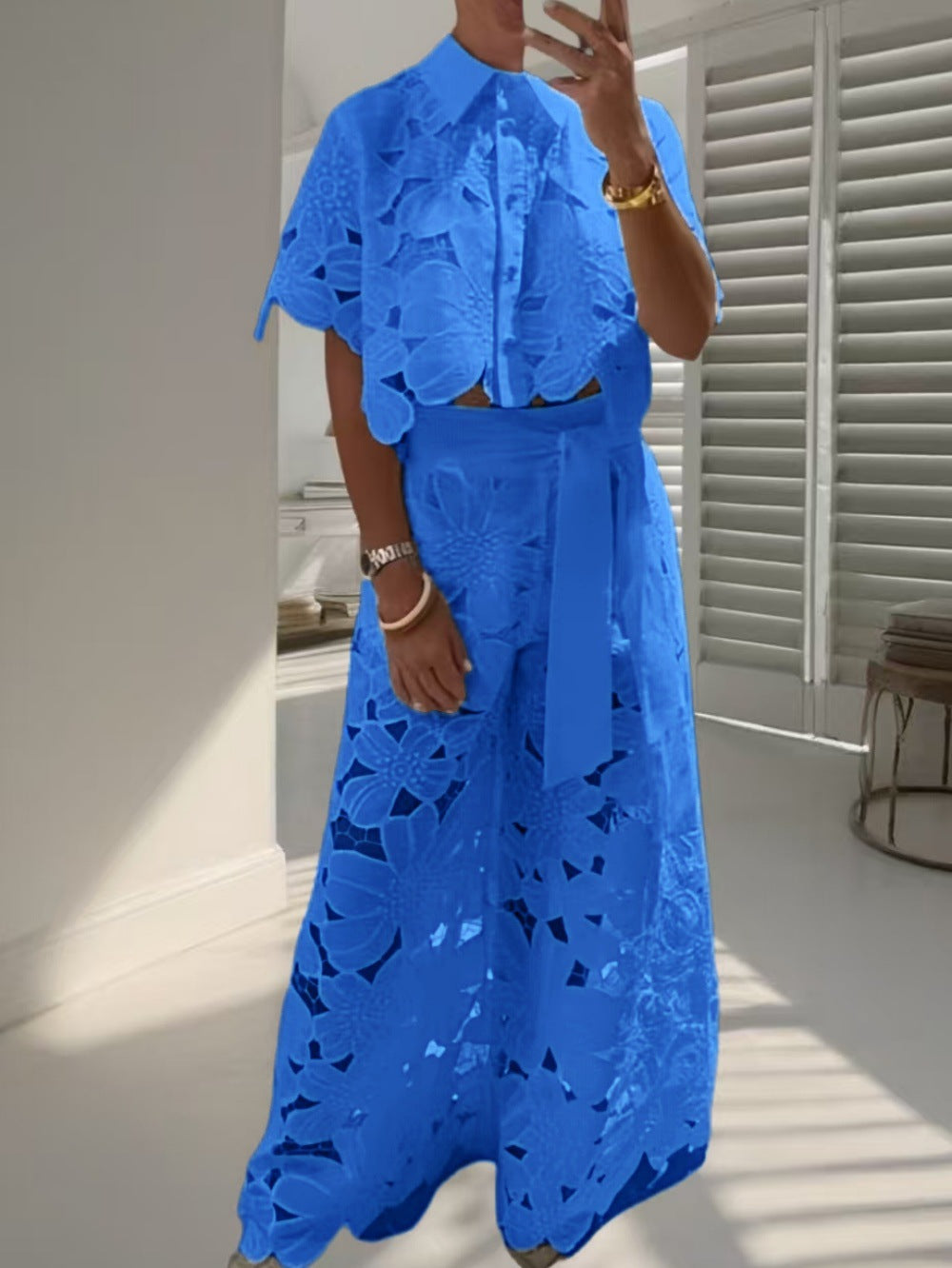 Stylish Casual Two-piece Set: Lace-embroidered Top And Pants
