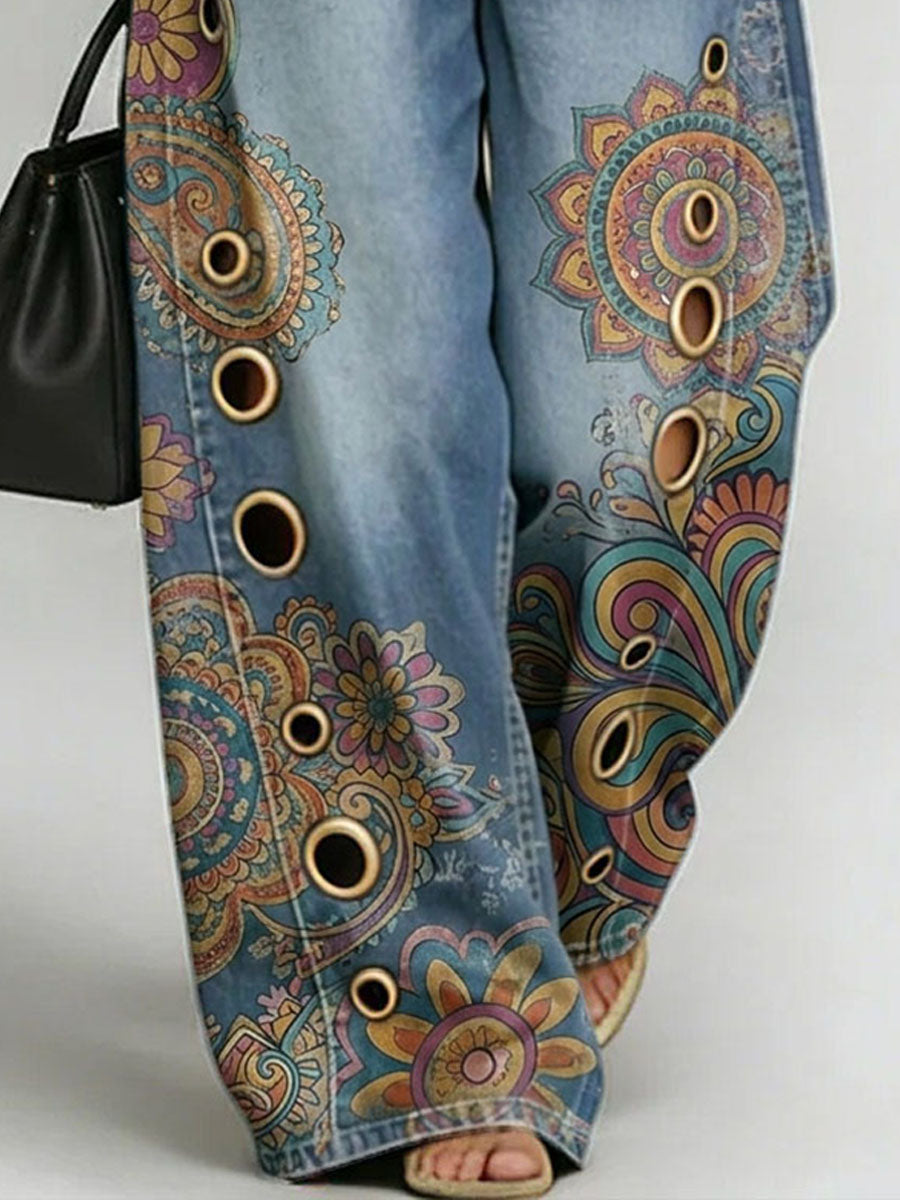Women's Retro Hippie-style Print Casual Fashion Cutout Jeans