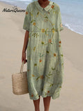 Women's Vintage Lovely Floral Art Print Casual Pocket Linen Dress（Convertible Dress With Front And Back Option）