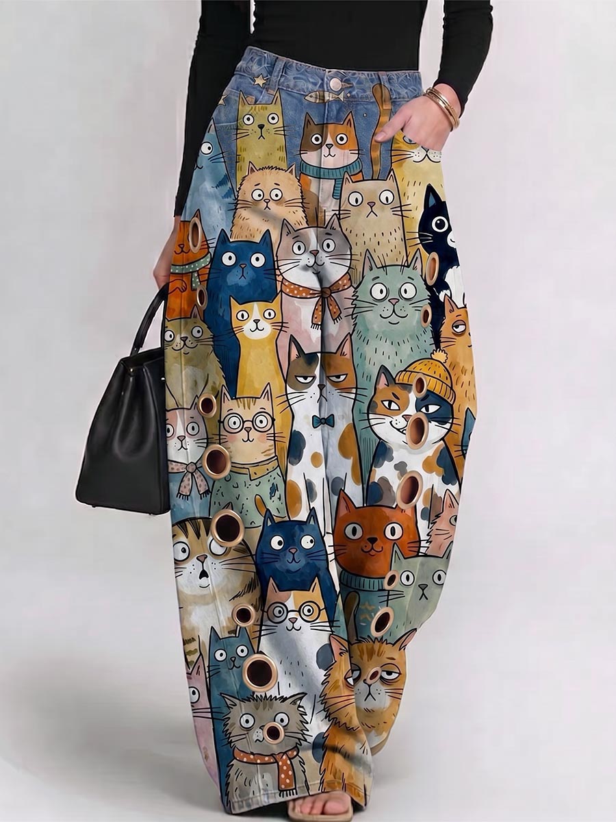 Women's High-waisted Casual Loose-fit Wide-leg Denim Pants With Cartoon Animal Print