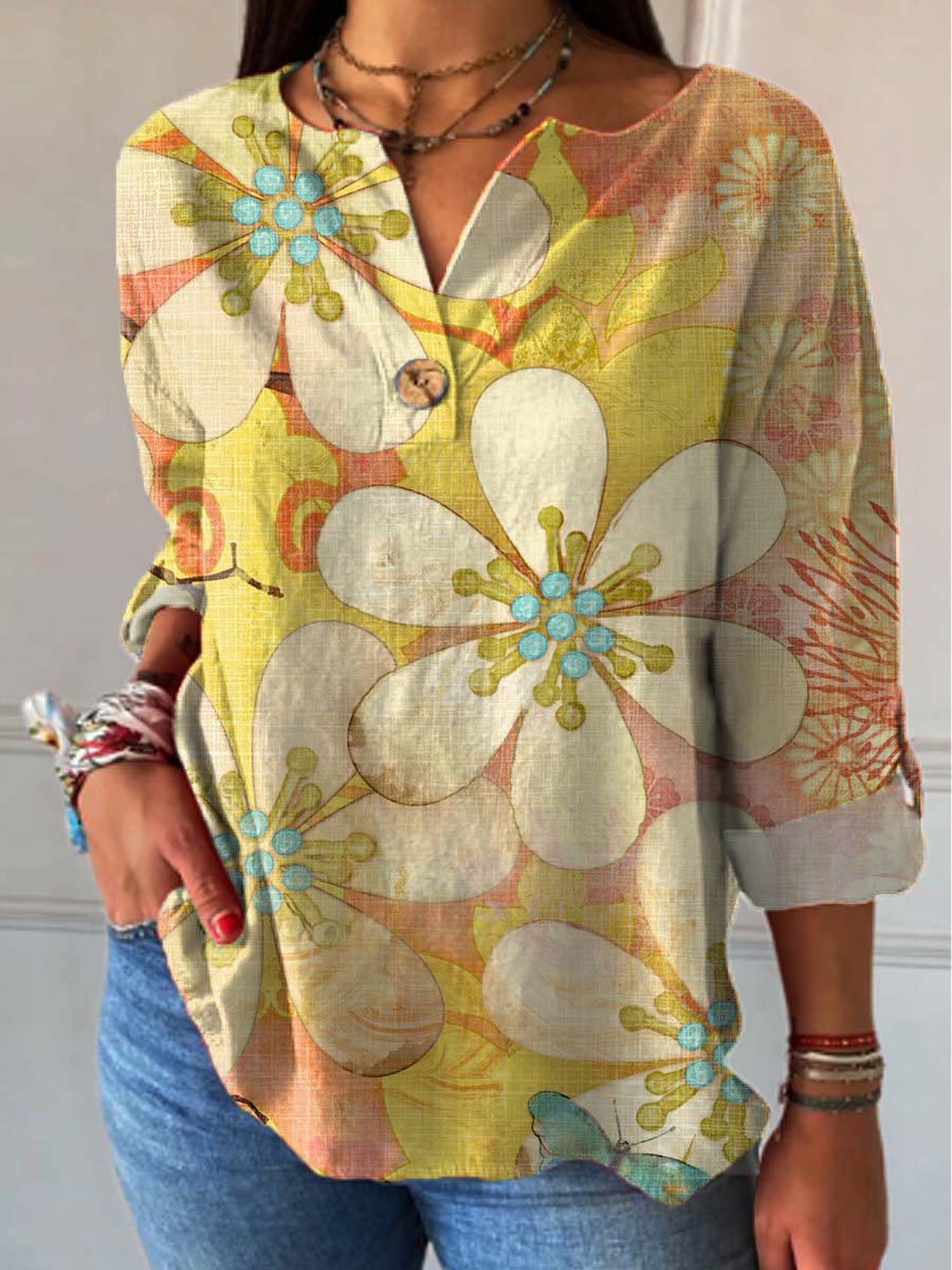 Women's Floral Art Pattern Print Casual Cotton Linen Shirt