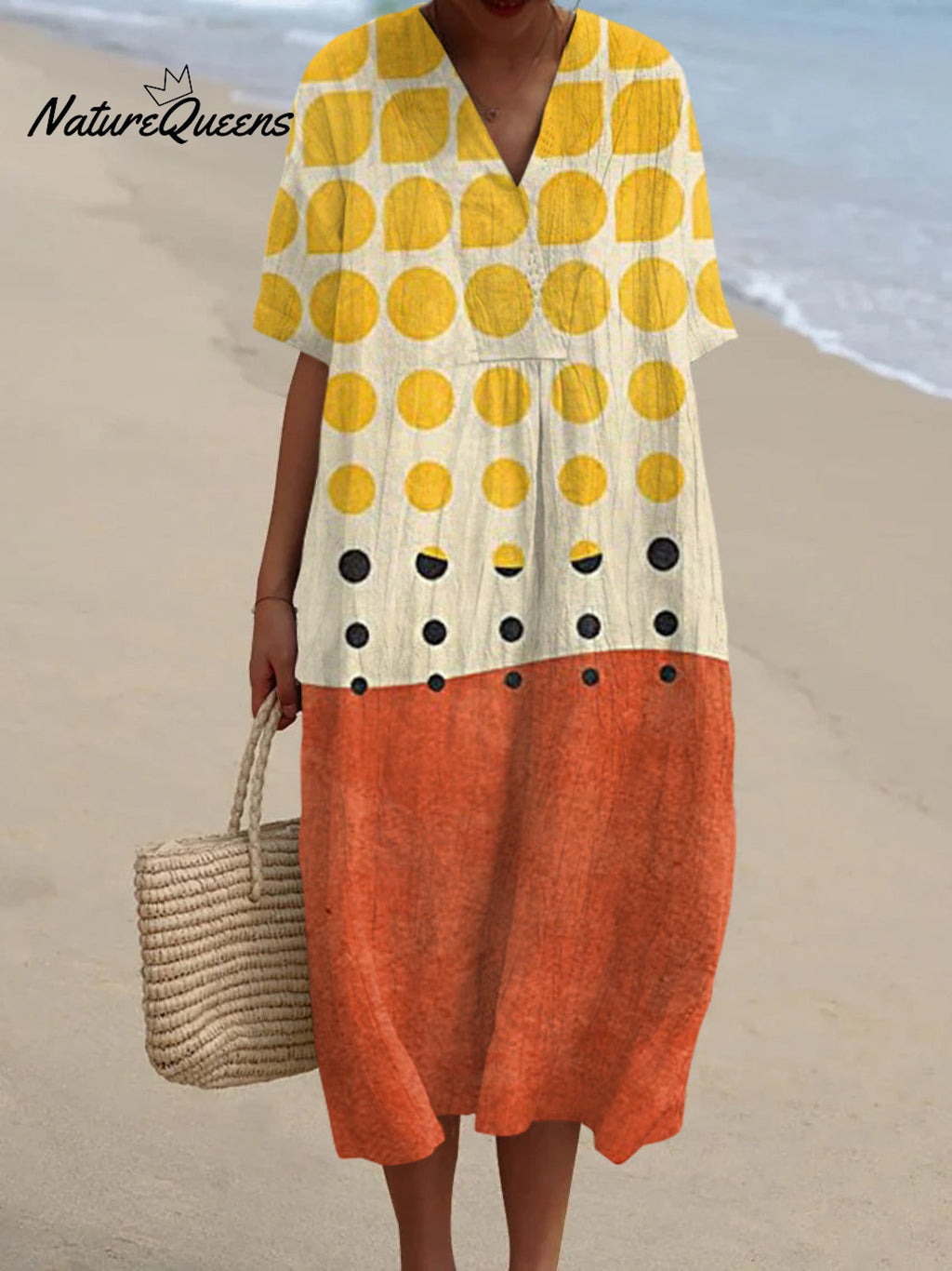 Bohemian Color Block Abstract Polka Dot Art Print V-Neck Midi Dress