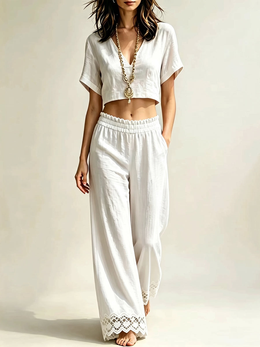 Women's V-neck Short-sleeve Top And Lace-trimmed Pants Set