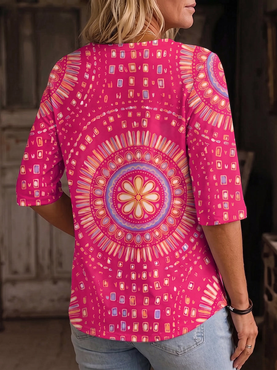Bohemian Floral Print Henley Cotton T-shirt
