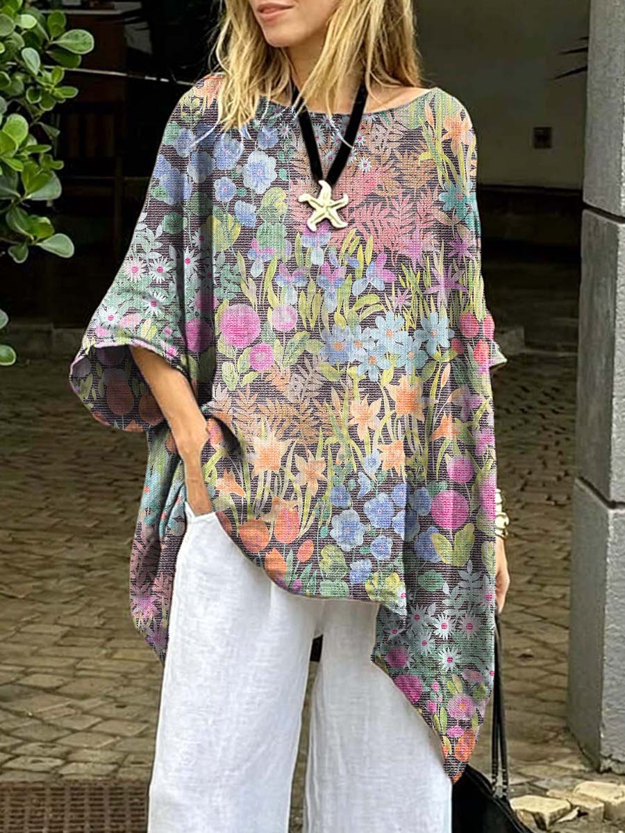 Women's Retro Floral Art Print Casual Cotton Long Shirt