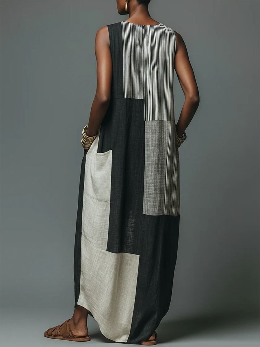 Artistic Geometric Print Cotton-linen Dress
