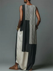 Artistic Geometric Print Cotton-linen Dress
