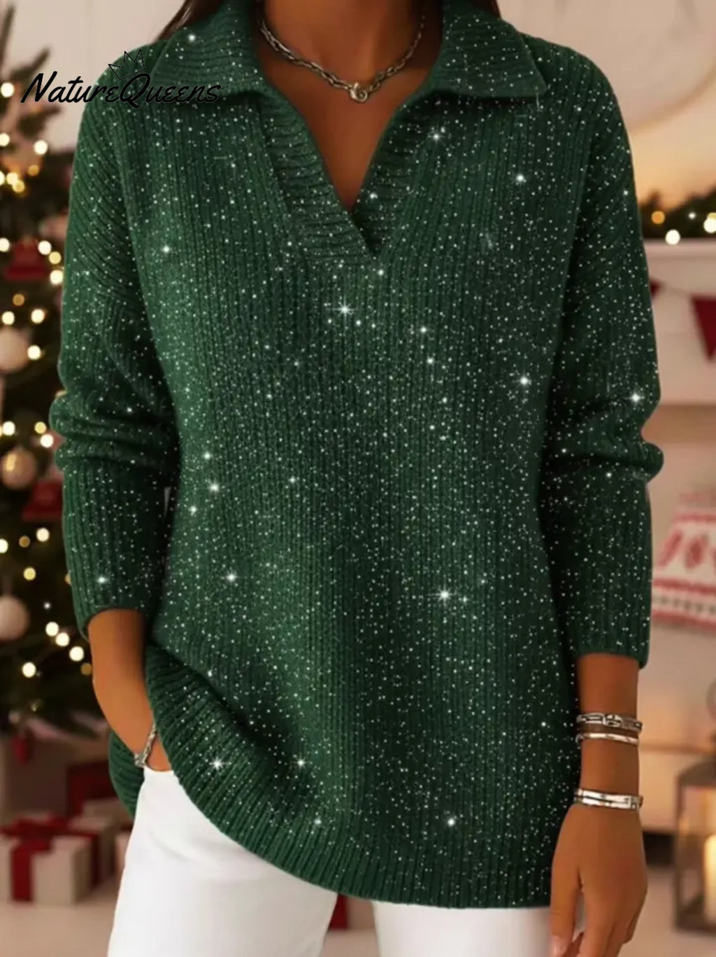 Christmas Party Polo Collar Shiny Loose Sweater Top
