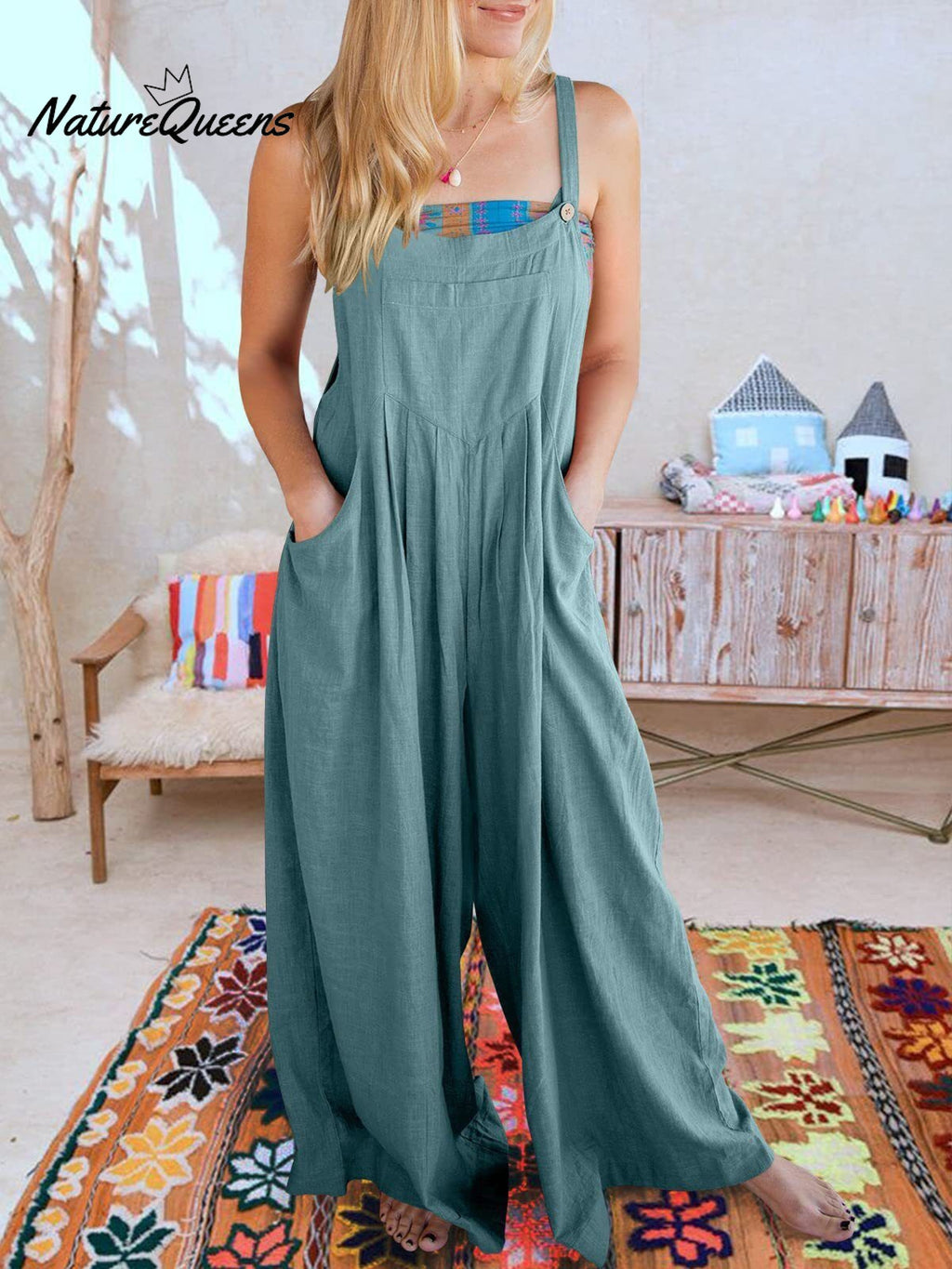 Women's Solid Color Loose Elegant Casual Cotton Linen Suspender Jumpsuit