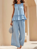Light Blue Ruffle Trim Sleeveless Peplum Top & Wide Leg Pants Linen Cotton Set