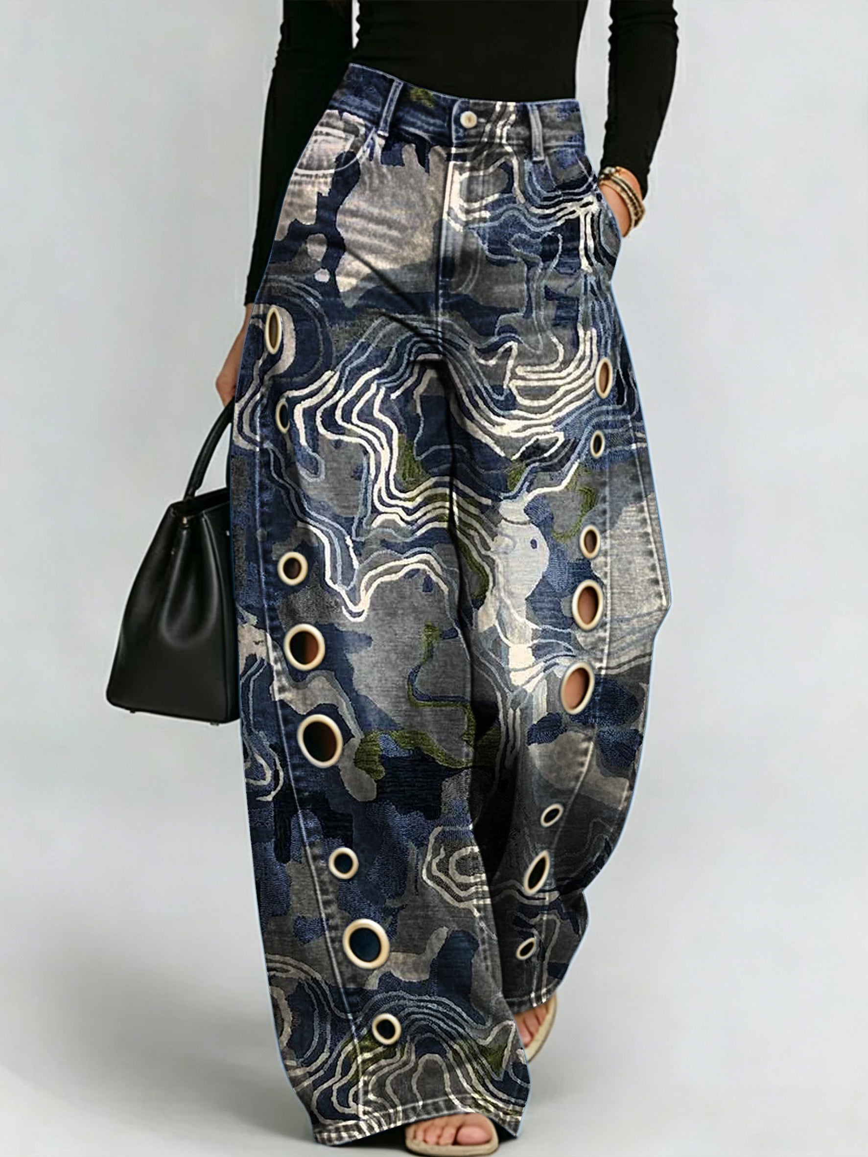 Retro Distressed "blues" Contour Camouflage Print Wide-leg Pants — High-waisted, Slimming, Side-slit Straight-leg Jeans